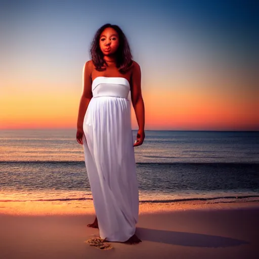 Prompt: a beautiful photograph of a woman in a white dress on the beach at sunset, by chris freilich
