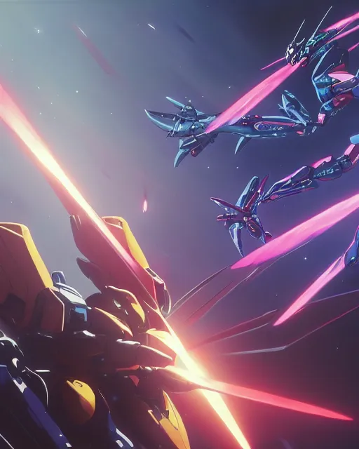 Image similar to highly detailed vfx portrait of gundam deathscythe hell fighting gundam epyon in space beam saber clash energy beams explosions, unreal engine, greg rutkowski, loish, rhads, beeple, makoto shinkai and lois van baarle, ilya kuvshinov, rossdraws, tom bagshaw, alphonse mucha, global illumination, detailed and intricate environment