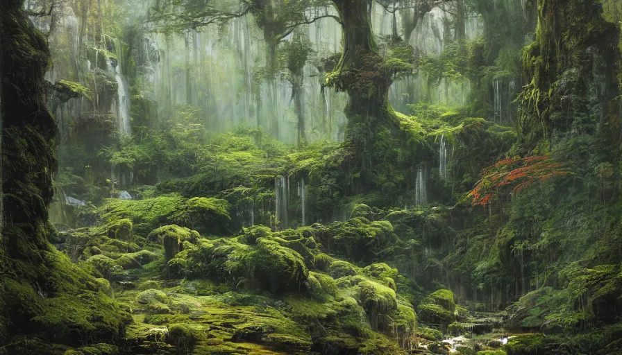 Image similar to ancient forest, mossy rocks, waterfall, intricate, vivid colors, brush strokes, elegant, highly detailed, richard schmid, john park, ruan jia, jeffrey catherine jones