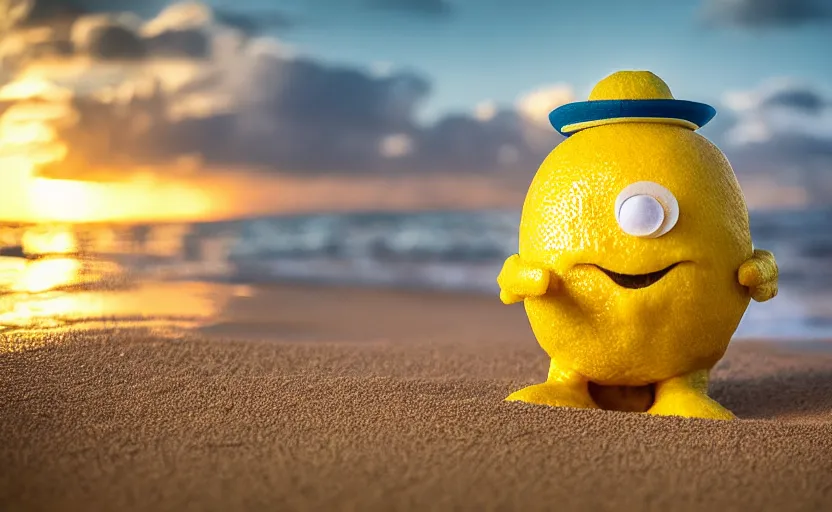 Image similar to 5 0 mm photograph, of a real anthropomorphic lemon character, unique style, with lemon skin texture, it is wearing a hat and scuba diving, building a sandcastle on the beach at sunset, beach, huge waves, sun, clouds, tropical trees, rim light, cinematic photography, professional, sand, sandcastle, volumetric lightening