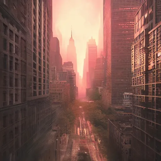 Prompt: manhattan at dusk, dim volumetric lighting, hype realistic, hdr, postprocessing, hyperdetailed, intricate, epic composition, cinematic lighting, masterpiece, trending on artstation, extraordinary artwork by nathan walsh