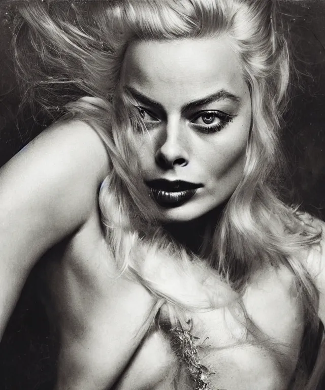 Image similar to photograph of margot robbie, by joel peter witkin, platinum blond, intense, bold, exaggerated, ultra sharp, extra details, ultra high quality, trending on pinteresst