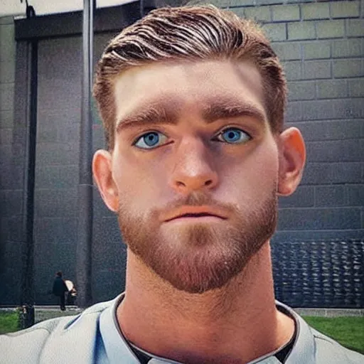 Image similar to “a realistic detailed photo of a guy who is an attractive humanoid who is half robot and half humanoid, who is a male android, baseball player Bryce Harper, shiny skin, posing like a statue, blank stare”