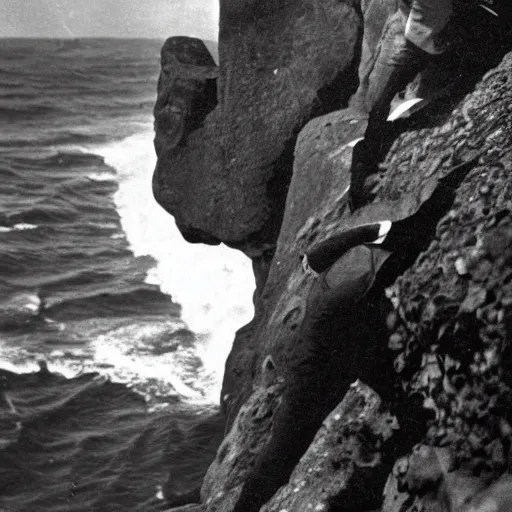 Image similar to anthro fox man in suit about to fall off cliff into scary stormy ocean, far shot, 1920s film