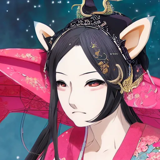 Prompt: A close-up anime portrait of Ssunbiki as a beautiful Japanese noblewoman with fox ears wearing a silk kimono from Skyrim, by a professional manga illustrator, Stanley Artgerm Lau, WLOP, Rossdraws, James Jean, Andrei Riabovitchev, Marc Simonetti, and Sakimichan, tranding on artstation