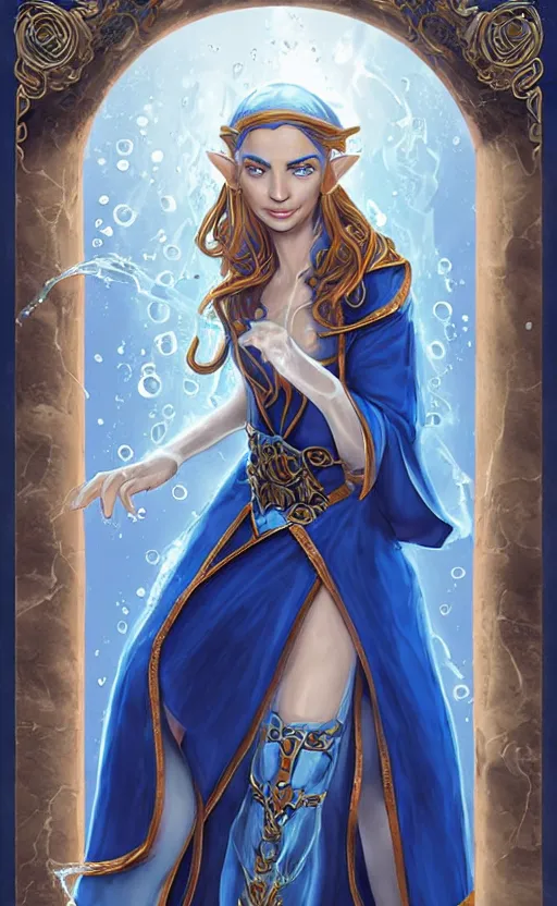 Image similar to elf female sorcerer doing water magic spells, blue robes, exquisite details, full body character design on a white background, by studio muti