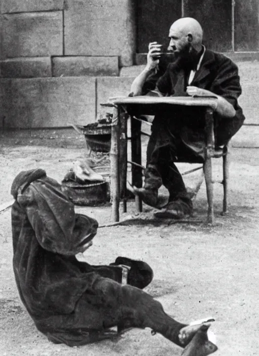Prompt: historic photo of executioner taking a break to check his iphone