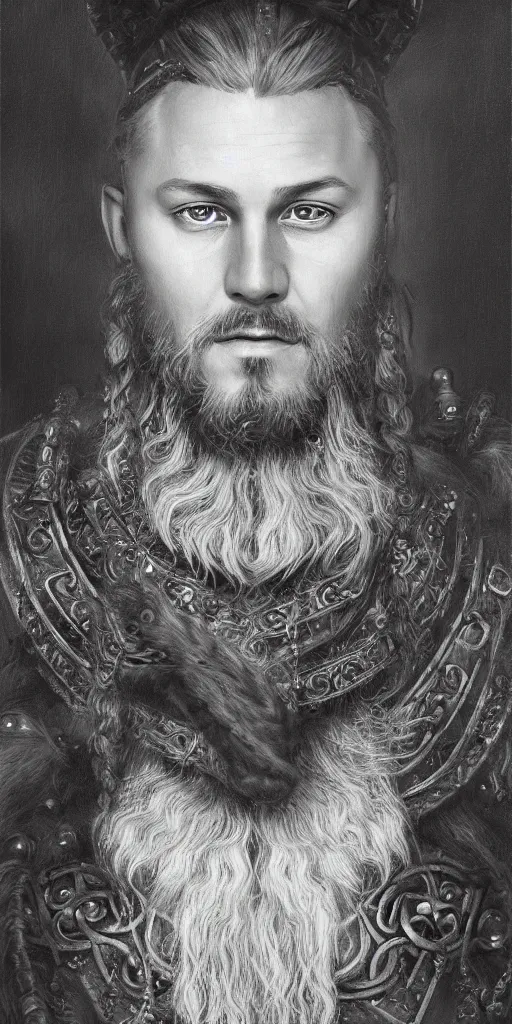 Prompt: a stunning and noble highly detailed romantic period style portrait of the Viking king Ragnar Lothbrok by Josep Tapiró Baró, trending on artstation, oil painting masterpiece, symmetry, fractals, Norse iconography