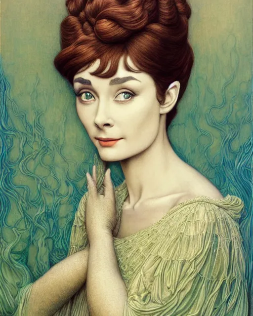 Image similar to matte painting portrait shot, beautiful colourful audrey hepburn, detailed and intricate by jean delville, gustave dore and marco mazzoni, art nouveau, symbolist, visionary, gothic, pre - raphaelite