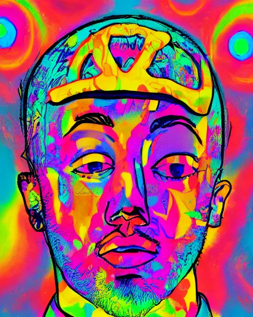 Prompt: mac miller lsd trip, illustrative, concept art, good vibes, peace, love, 4 2 0, don't trip, nikes on my feet