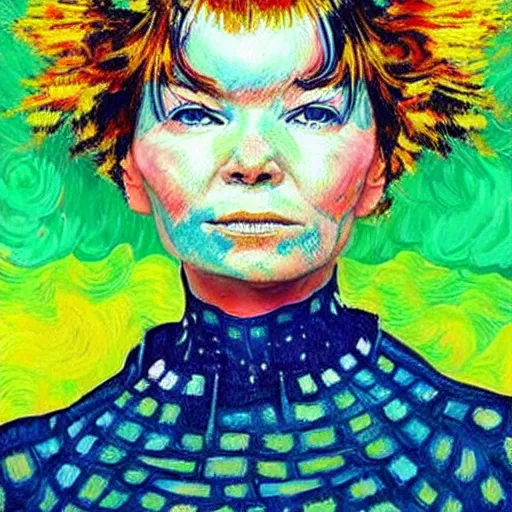 Image similar to very very very detailed and colorful portrait of bjork, painted by van gogh, beautiful