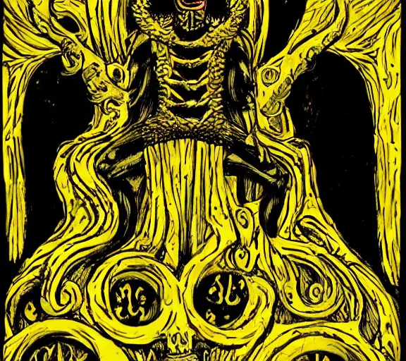 Image similar to eldritch king in yellow on his occult throne by mike winkelman