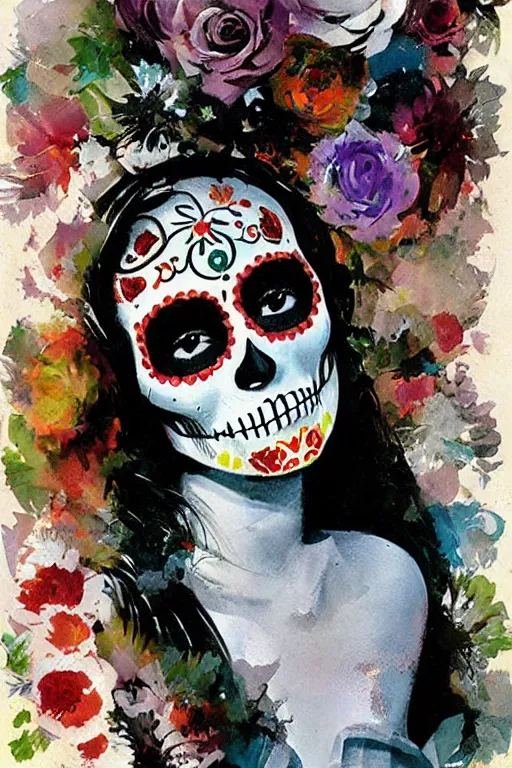 Prompt: Illustration of a sugar skull day of the dead girl, art by John Berkey