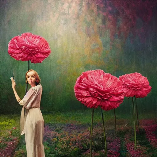 Image similar to giant carnation flower head, woman standing in greenhouse, surreal photography, dramatic light, impressionist painting, digital painting, artstation, simon stalenhag