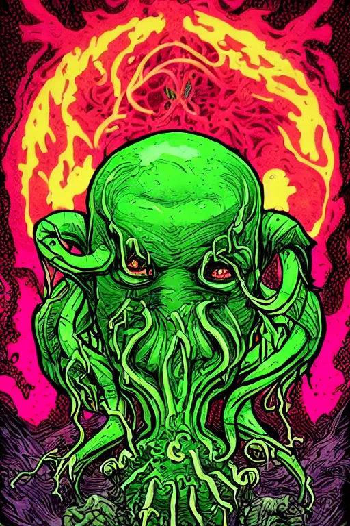 Image similar to comic art portrait of jewel fluorescent evil cthulhu in the style of Rob Lefield and Dan Mumford , trending on artstation, digital art,surrealism ,macro,blueprint ,vaporwave , black outline