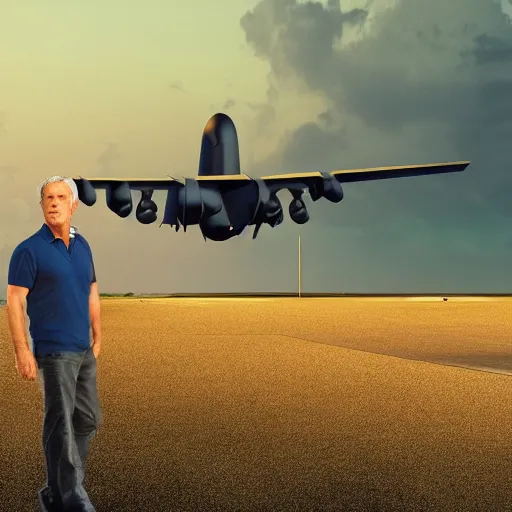 Prompt: aesthetic illustration of jeffrey epstein, wearing a dark blue polo shirt, standing near predator unmanned combat aircraft on an empty runway at dusk, cinematic lighting, high detail, volumetric lights, pinterest wallpaper, trending on artstation