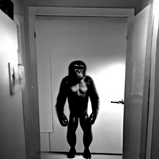 Image similar to grainy photo of a gorilla as a creepy monster in a closet, harsh flash