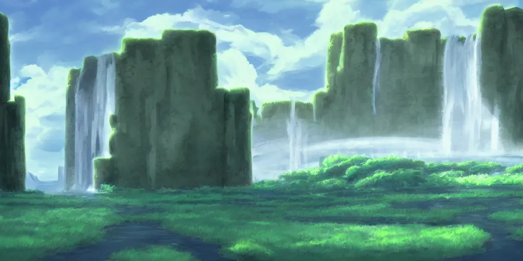 Image similar to a cell - shaded studio ghibli concept art study of a dimensional portal doorway with a waterfall flowing out it in a flooded monument valley stonehenge temple jungle. very dull colors, hd, 4 k, hq