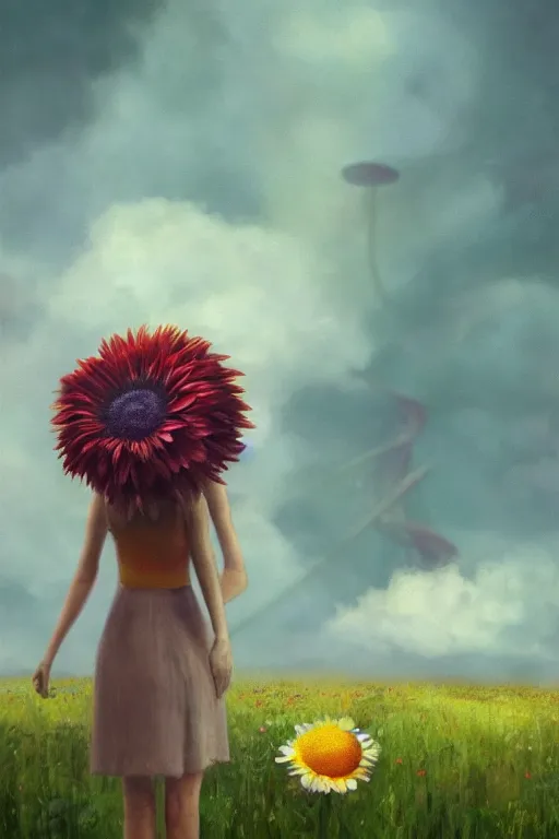 Image similar to closeup, girl with giant daisy flower head, between monsteras, surreal photography, wind and cold, dramatic sky, impressionist painting, digital painting, artstation, simon stalenhag