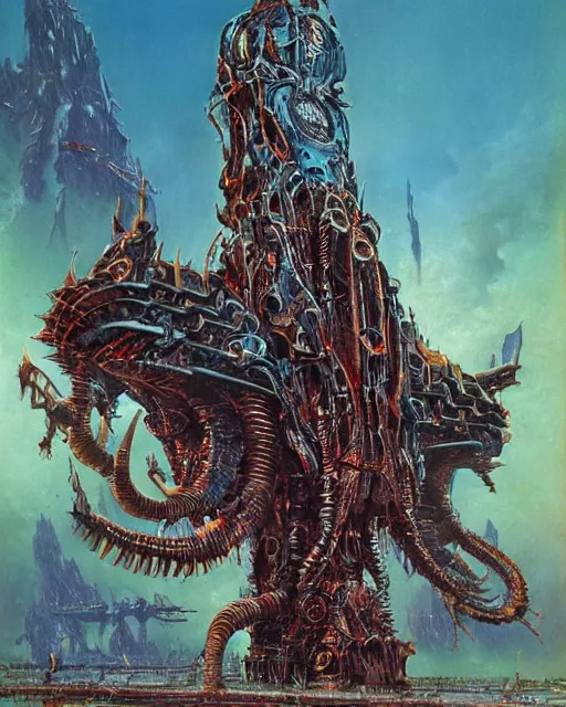 Image similar to biomechanical warhammer final boss, art by bruce pennington