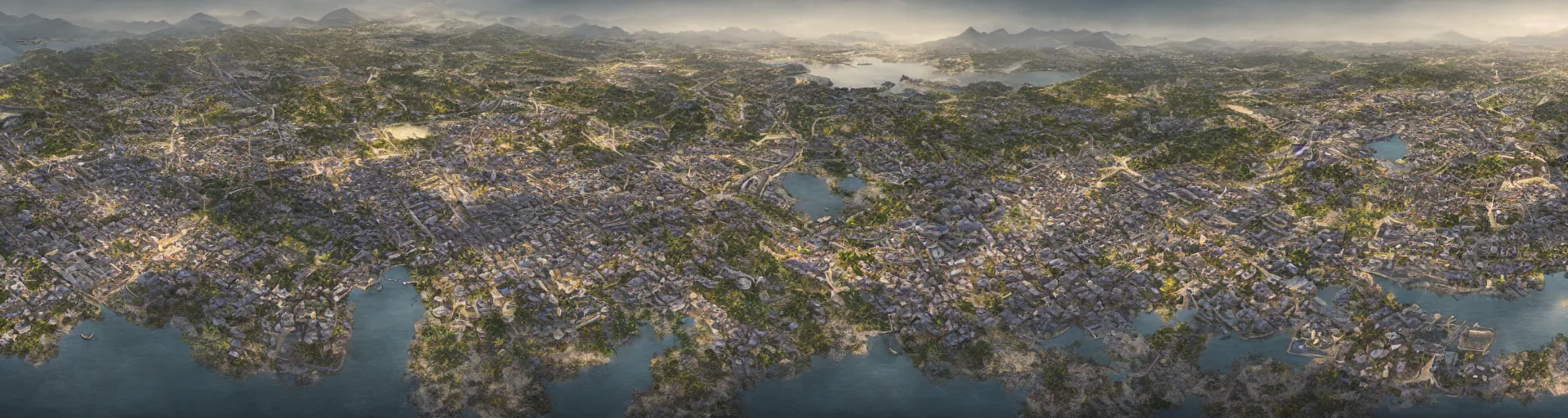 Prompt: photo realistic landscape of medieval japan port town, aerial photography, exquisite detail, octane render, 8 k postprocessing,