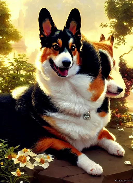 Image similar to ein the corgi playing with a tuxedo cat, fantasy, intricate, elegant, hyper detailed, ultra definition, photoreal, artstation, unreal engine rendered, concept art, smooth, sharp focus, illustration, art by artgerm and greg rutkowski and alphonse mucha and garis edelweiss