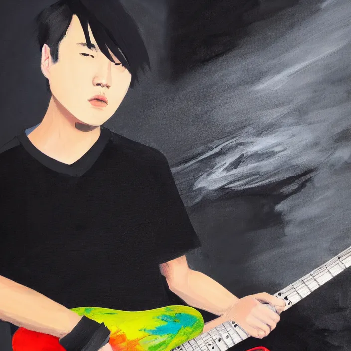 Image similar to large diagonal brush strokes, abstract dark painting of a young korean male musician wearing stylish black v neck t shirt holding a telecaster!!! electric guitar!!, thick flowing dramatic brush strokes, dark matte colors, abstract, impressionist, motion, trending on artstation