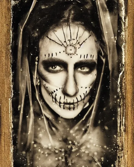 Image similar to tintype virgin mary dressed in dia de muertos makeup high quality photo, microchip, artificial intelligence, bio - mechanical bio - luminescence, black wired cables, neurons, nerve cells, cinematic, rim light, photo - realistic, high detail, 8 k, masterpiece, high fashion, in the style of steven meisel dora maar h. r. giger