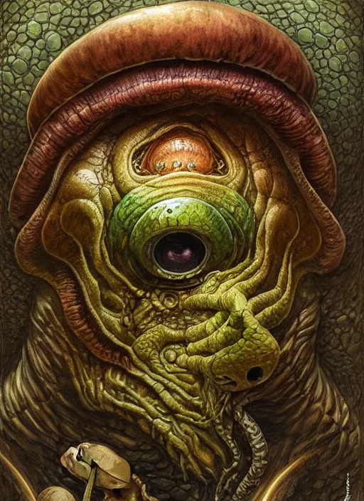 Image similar to mushroom trip mf doom reptile eyes, mushroom skin. intricate, elegant, highly detailed, centered, digital painting, artstation, concept art, smooth, sharp focus, illustration, artgerm, tomasz alen kopera, peter mohrbacher, donato giancola, joseph christian leyendecker, wlop, frank frazetta