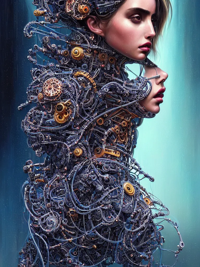 Prompt: Portrait of Ana de Armas wearing epic bionic cyborg implants of different colors, detailed intricate ornate cables connected to head, by Dan Mumford and Naoto Hattori, extremely beautiful and proportionate face, in the aesthetic of mert and marcus, masterpiece, intricate, elegant futuristic wardrobe, highly detailed, digital painting, Blade Runner, artstation, concept art, crepuscular rays, smooth, sharp focus, illustration, background is made of stars and vibrant space nebula, cyberpunk colors, volumetric lighting, art by artgerm and james jean and Nick Sullo
