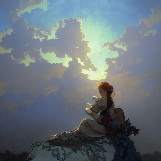 Prompt: Concept art, Clouds at dusk, 8k, alphonse mucha, james gurney, greg rutkowski, john howe, artstation