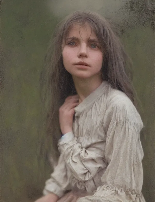 Image similar to shy and modest peasant girl long hair portrait, cottage core, cinematic focus, polaroid photo bleached vintage pastel colors high - key lighting, soft lights, foggy, by steve hanks, by lisa yuskavage, by serov valentin, by tarkovsky, 8 k render, detailed, oil on canvas