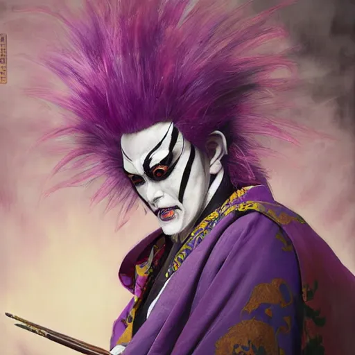 Image similar to portrait of an insane kabuki man wielding a spear covered in a distorting aura, intricate purple hakama, poofy red wig, eerie, highly detailed, dark fantasy, shallow depth of field, art by artgerm and greg rutkowski