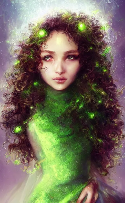 Image similar to a young woman with wild, curly hair and bright green eyes. she's wearing a flowing dress made of light, airy fabric and she has a mischievous look on her face, dynamic lighting, photorealistic fantasy concept art, trending on art station, stunning visuals, creative, cinematic, ultra detailed