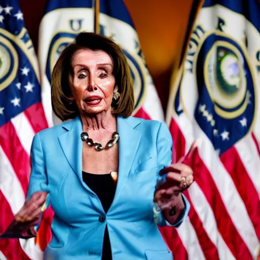 Image similar to nancy pelosi exhaling a huge hit that she took from her bong, award winning cinematic photography