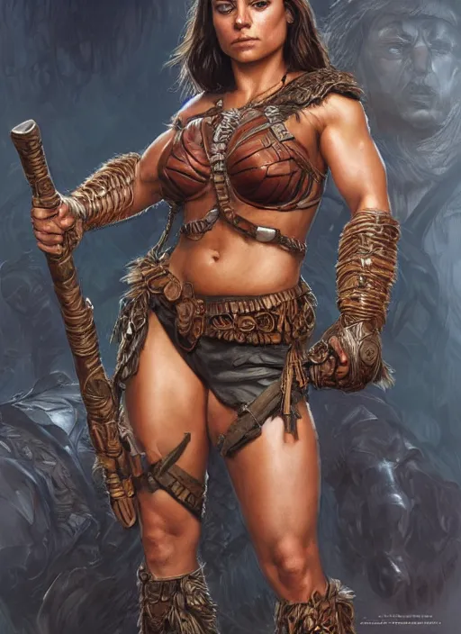 Image similar to Mila Kunis as a very muscled rugged looking Amazon, intricate, elegant, highly detailed, centered, digital painting, artstation, concept art, smooth, sharp focus, illustration, art by artgerm and donato giancola and Joseph Christian Leyendecker, WLOP