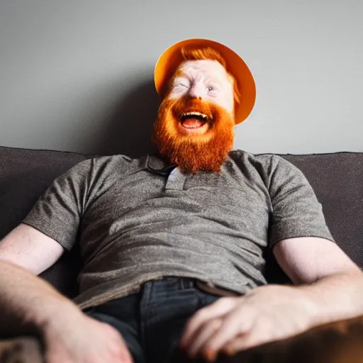 Prompt: professional photography of a drunk ginger haired man slouched on the couch smiling wearing a cone on his head