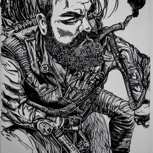 Image similar to bearded biker, intricate ink drawing, highly detailed in the style of Ashley wood