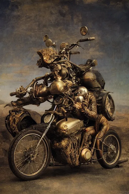 Image similar to full color hd photo of a motorcycle, octane render 4 k, by hieronymus bosch, joel peter witkin, annie liebovitz. gustave dore, hr giger, zdzisław beksinski, epic, artstation, cgisociety, weta, disney