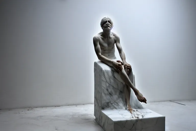 Image similar to a sculpture of a person sitting on a top of the chair, a white marble sculpture covered with floating water by nicola samori, behance, neo - expressionism, marble sculpture, apocalypse art, made of mist