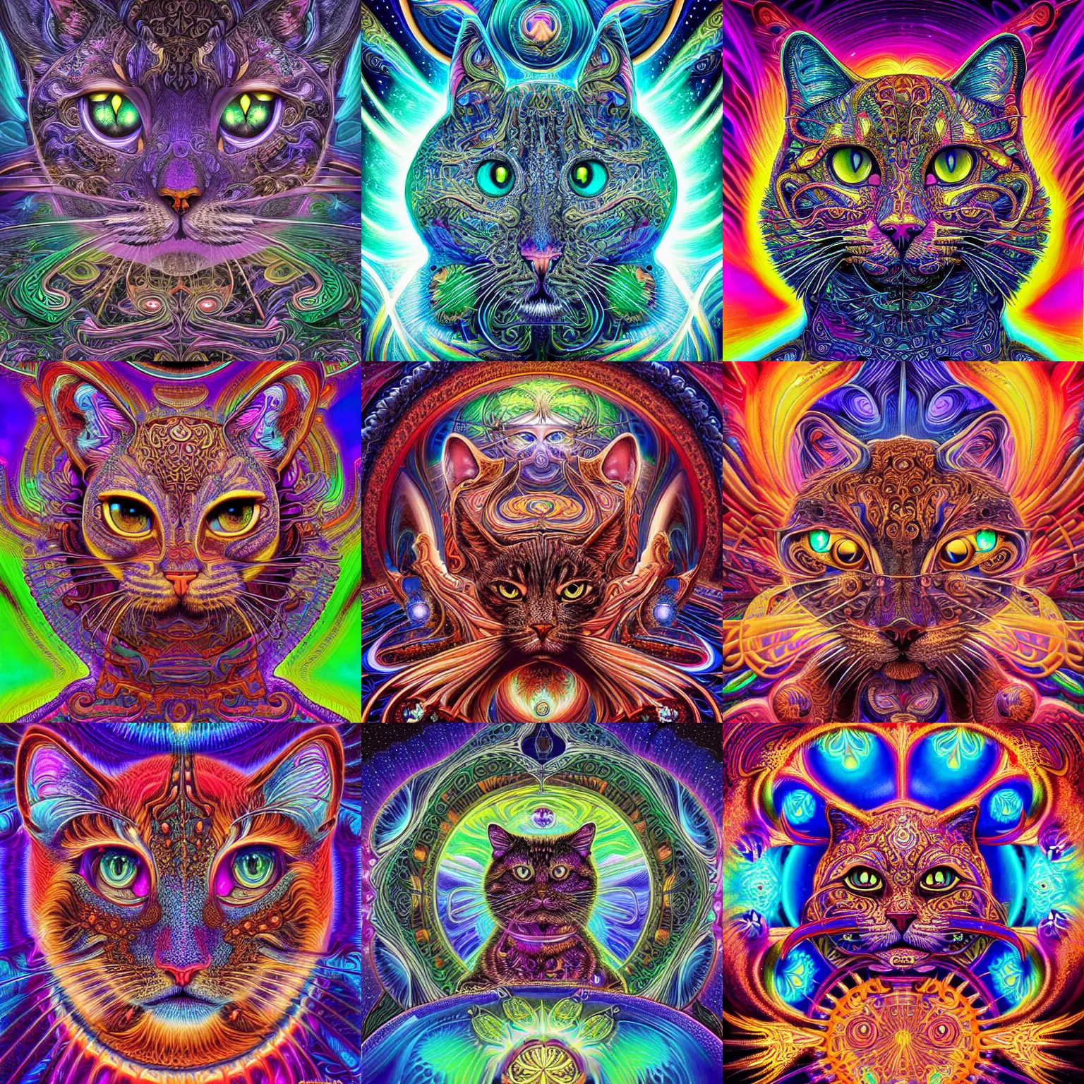 Prompt: a intricate ornate psychedelic image of a cosmic cat, digital art by felix kelly, alex grey, dan mumford, artgerm, psychedelic art, psychedelic, fractalism, fractals, sacred geometry, artstation, detailed, art, hyper realism, hyper detailed, cgsociety, ue 5, hd, 3 d