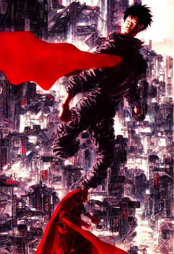 Image similar to tetsuo over neo - tokyo, red cape, akira | anime, matte painting, dystopian megacity neo - tokyo akira, shaded perfect, fine details. realistic shaded lighting anime manga artwork by katsuhiro otomo, akira, artgerm, jeremy lipkin and michael garmash and rob rey