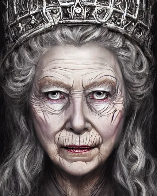 Prompt: Queen Elisabeth as a hag witch, highly detailed face, realistic face, beautiful detailed eyes, fantasy art, in the style of artgerm, illustration, epic, fantasy, intricate, hyper detailed, artstation, concept art, smooth, sharp focus, ray tracing, vibrant, photorealistic