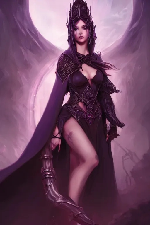 Prompt: Fantasy portrait, Necromancer, female, beautiful face, dark garments, dark pruple robes, midriff, Black cloak from neck to ankles, pin-up, matte painting, artstation
