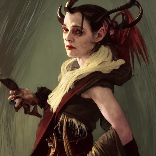 Image similar to masterpiece portrait of a surly and resentful female tiefling thief with horns clothed in ragged clothes and a cloak, by Greg Rutkowski and John Collier and Krenz Cushart and Artem Demura and Alphonse Mucha and Albert Aublet, as seen on ArtStation, 4k, dungeons and dragons, very aesthetic, very detailed, intricate, unreal, fantasy, dramatic, painterly, artstation, sharp focus, smooth