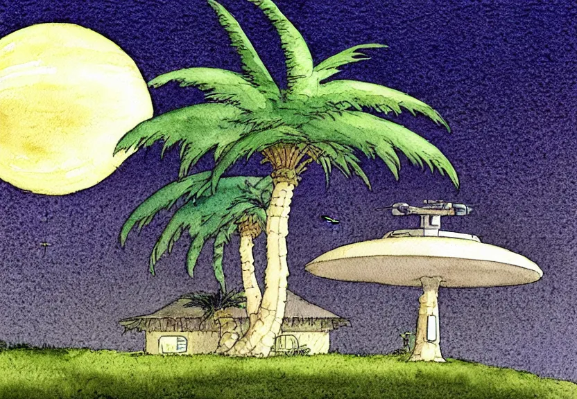 Prompt: a simple watercolor fantasy concept art of a dark grey boxy ufo from independence day ( 1 9 9 6 ) next to a palm tree at night. by studio ghibli, rebecca guay, michael kaluta, charles vess