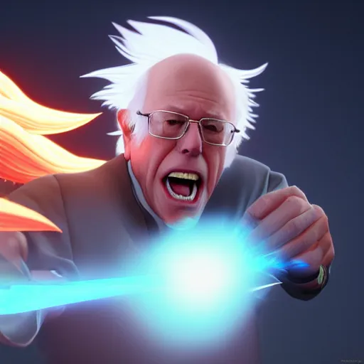 Image similar to bernie sanders with super saiyan hair charging up for a kamehameha, artstation, octane render, highly detailed