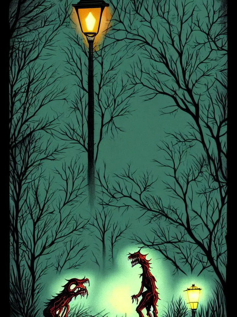 Prompt: Full Color Vintage Horror Illustration of a Creature Coming out of the bushes at night. Streetlight Glowing , Spooky lighting , Pinterest