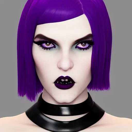 Prompt: a feminine curvy pale hot goth cutie wearing an tight purple-grey latex-nylon high-neck striped dress, choker necklace, cgsociety, photorealistic, sublime-cool-hyperadvanced-dark-amorous ambience, 16k, smooth, sharp focus, trending on ArtStation, volumetric lighting, fully clothed, thin waist