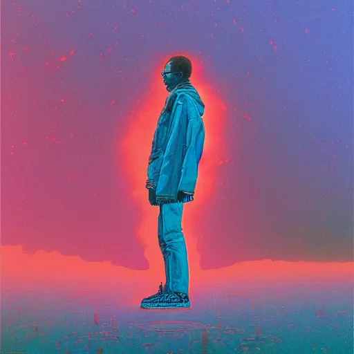 Prompt: figurative Malcom X portrait inspired in beksinski and dan mumford work, remixed with Simon Stalenhag work, sitting on the cosmic cloudscape, epic color palette, blue neon rain, cinematic shoot